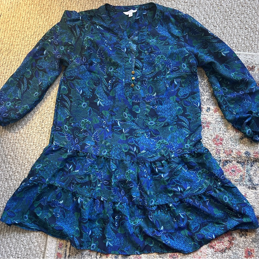 Women’s time & tru large paisley dress blue green ruffles